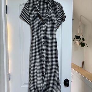 Quince Black and White Gingham Midi Shirt Dress Linen Sz Medium